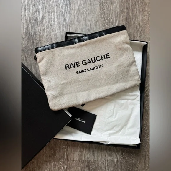 Saint Laurent Rive Gauche Canvas Clutch | YSL Pouch Black Leather Trim Wristlet - Picture 2 of 9